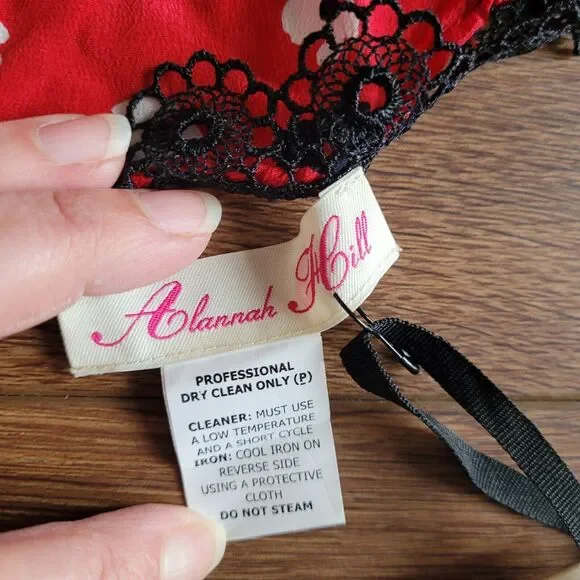 Silk Scarf with Cherries on Top ALANNAH HILL Rayon Lace Trim Red Black NEW - Picture 6 of 11